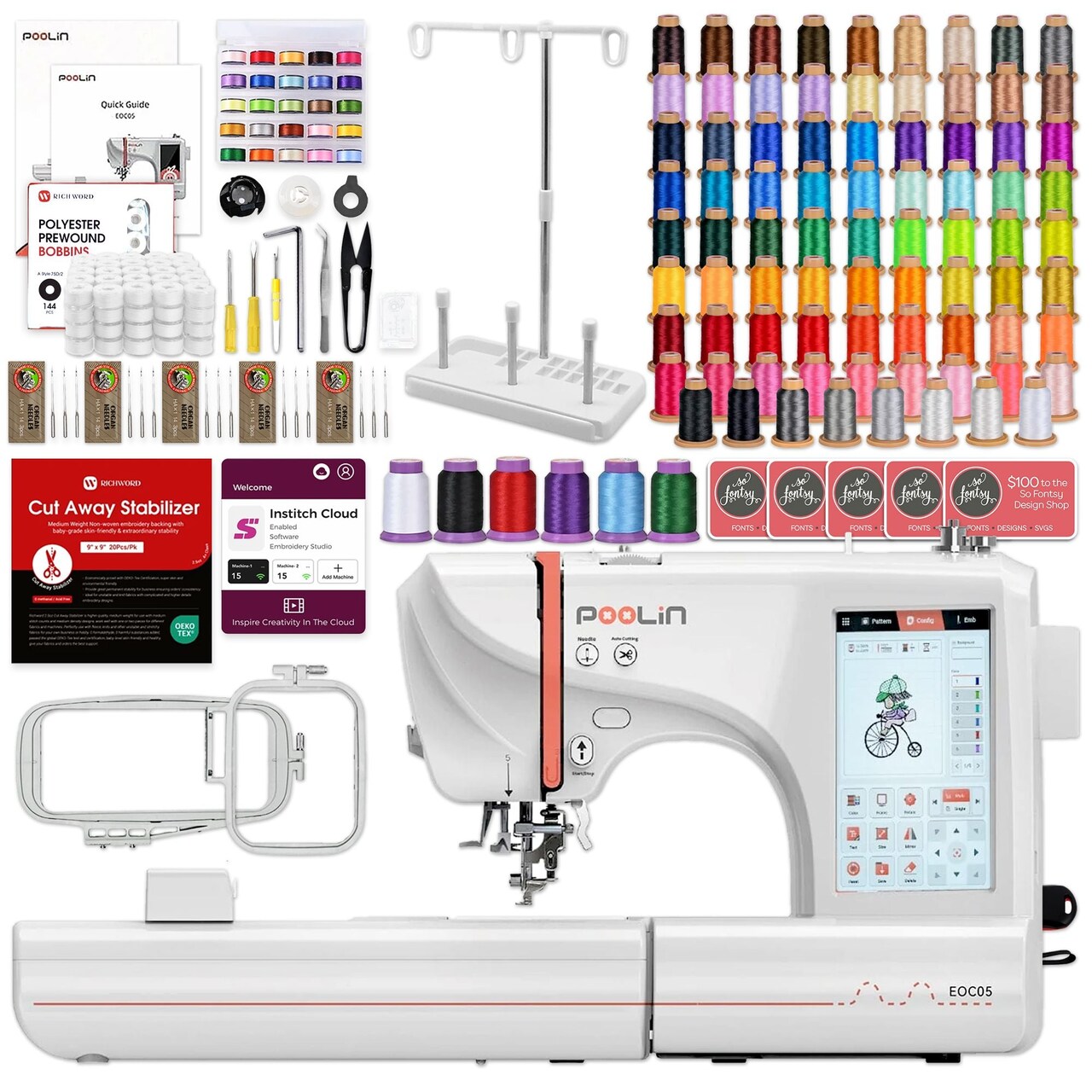 POOLIN EOC05 4in x 9.2in Embroidery Machine with 86 Embroidery Spools Bundle